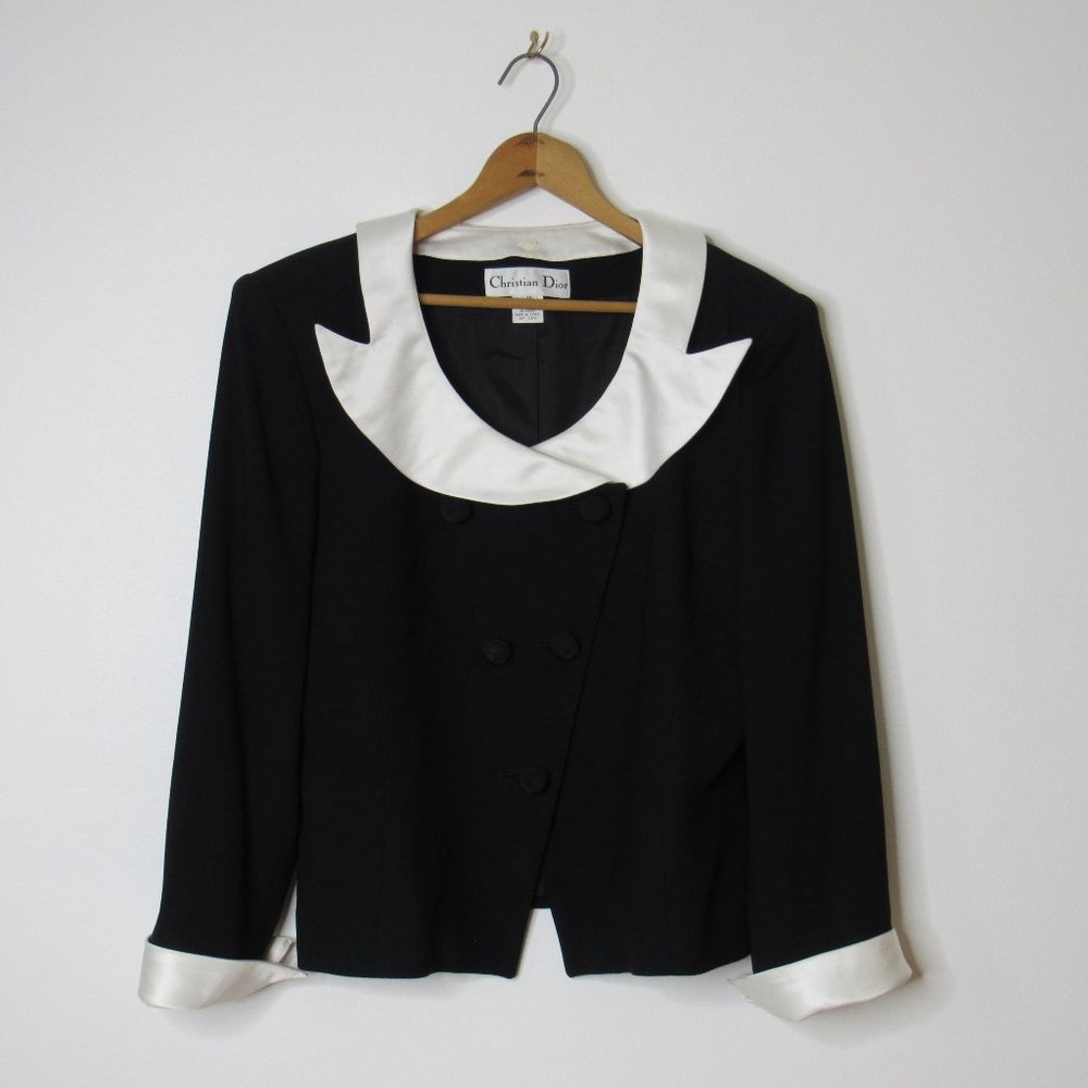 Vintage Christian Dior Black Jacket with Removable White Collar and Cuffs